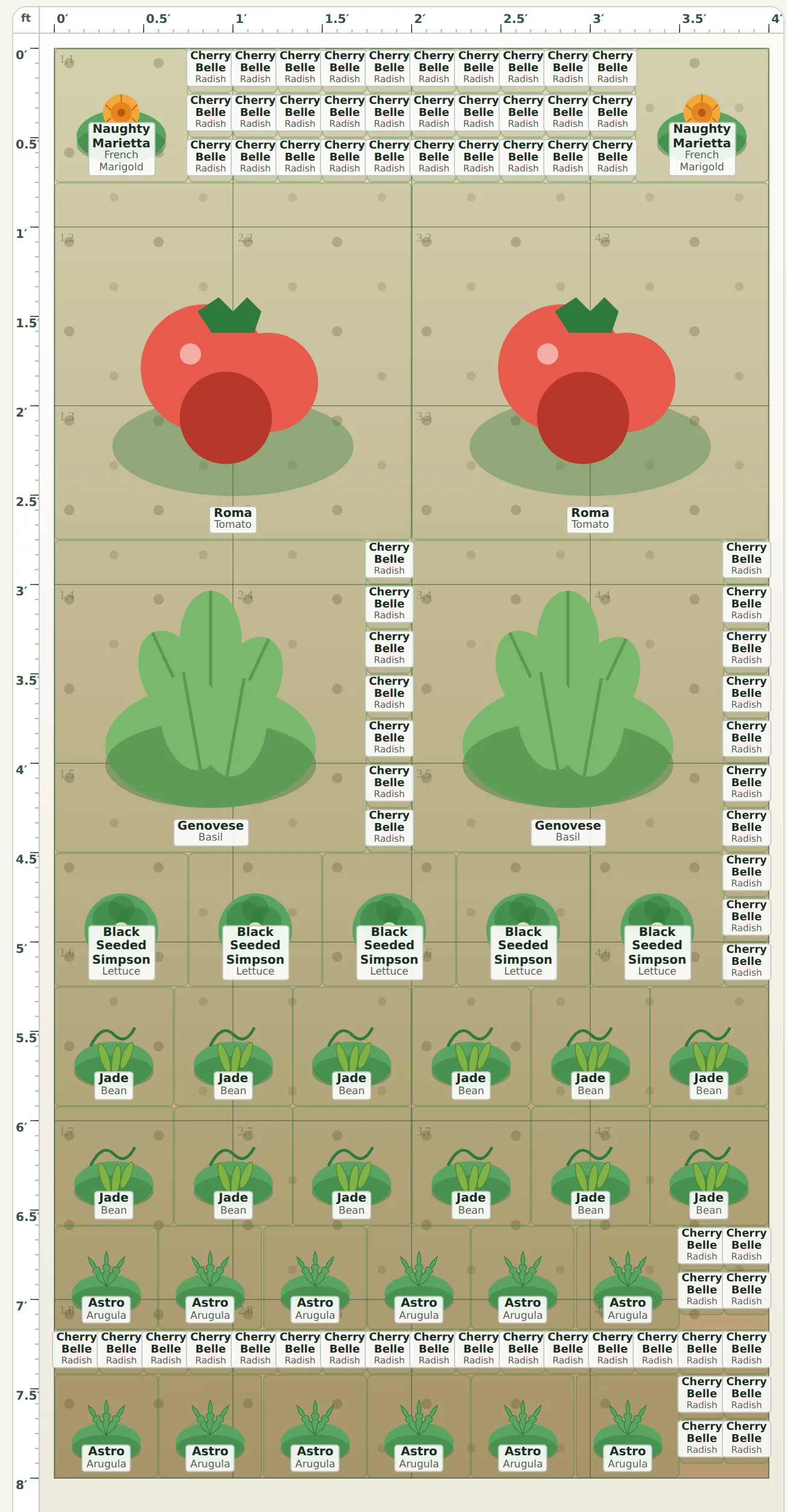 A vertical 4×8 raised bed drawn in GardenDraft, imported from the built-in Beginner starter bed plan: Roma tomatoes, Genovese basil, Black Seeded Simpson lettuce, Jade beans, Astro arugula, Cherry Belle radishes, and French marigolds placed at mature spacing on a snap-to-grid canvas