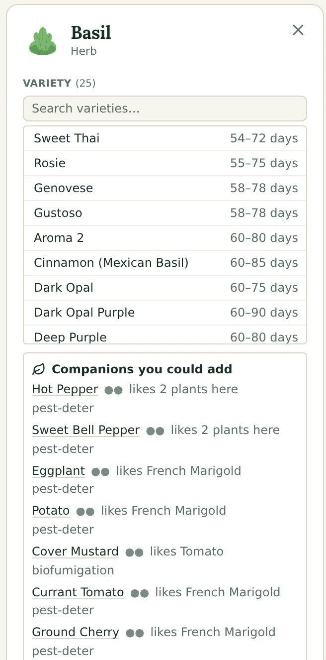 GardenDraft's inspector for a basil planting: 25 varieties with days-to-maturity ranges (Sweet Thai 54–72 days, Genovese 58–78 days, and more), and a 'Companions you could add' list with hot pepper, sweet bell pepper, eggplant, and potato, each labeled with its reason, such as pest deterrence or biofumigation